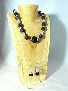 Damen Collier Halskette mit Ohrhänger im Set Lava schwarz Silber 44 cm lang NEU - Bild 1 von 2