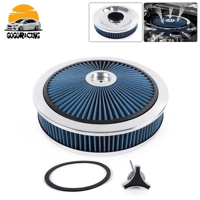 14" X 3" Round BLUE Thru High Flow Washable Air Cleaner w/Chrome Lid For SBC BBC Foto 1 de 4