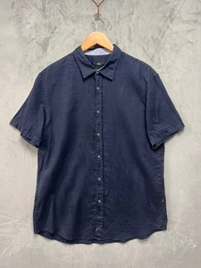 Hugo Boss Men's Shirt XL Short Sleeve Regular Fit Linen Blend Navy - Picture 1 of 11