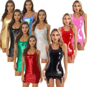iEFiEL Women Shiny Metallic PVC Leather Bodycon Dress Clubwear Straps Sexy AU - Picture 1 of 78