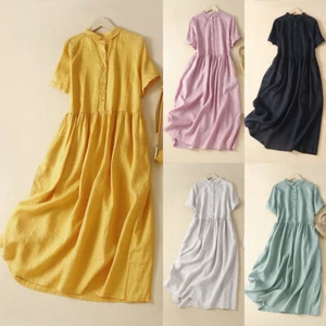 Ladies Summer Holiday Linen Cotton Long Loose Dresses Buttons Blouse Dress SIZE - Picture 1 of 25