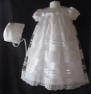 Baby Girls White Satin & Lace Christening Gown/ Baptism Dress Size 0-12 Months