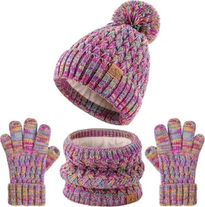 Kids Pompom Winter Beanie Hat Scart Gloves Set,Boys Girls Knitted Fleece Lined W - Picture 1 of 7