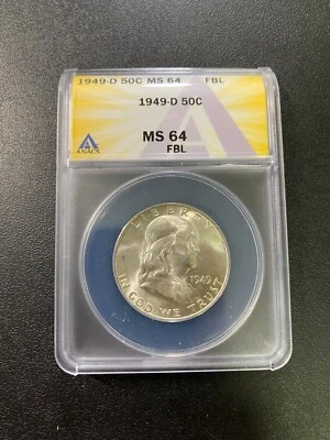 1949 D FRANKLIN HALF DOLLAR ANACS MS-64 FBL - UNCIRCULATED - CERTIFIED SLAB -50C - Image 1 of 2