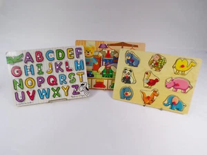 Three Wood Peg Puzzles 1 Melissa Doug Alphabet - 2 Unbranded Animals Bear C25 - Picture 1 of 11
