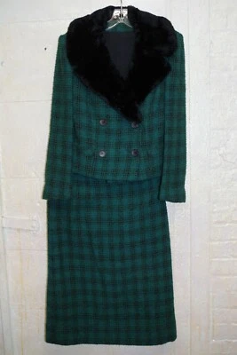 36 Rafi NY WINTER SUIT Midi Skirt & Jacket Green &Black Chenille Wool Tweed Fur - Image 1 of 4