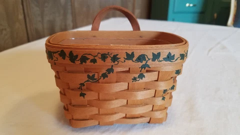 Longaberger vintage 1990 small hanging basket painted ivy trim leather handle Cover