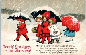 Postal principios de 1900 saludos de Navidad cinco niñas caminando en una ventisca - Imagen 1 de 2