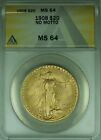 1908 No Motto St. Gaudens 20 USD Podwójny orzeł Złota moneta ANACS MS-64