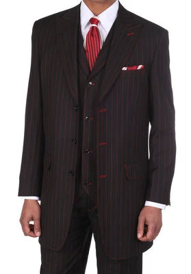 Men's Classic Pinstripe Suit W/Matching Vest And Pants Black 38R~56L 36" Length - Image 1 of 3