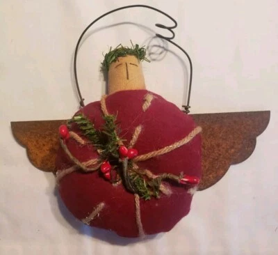 Primitive Folk Art Wood Wire Metal Christmas Ornament Angel DollRustic 6" x 4.5" - Image 1 of 2