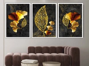 Set of 3 Prints - Abstract Textured Gold Effect Autumn Tree Leaves Wall Art - Picture 1 of 5