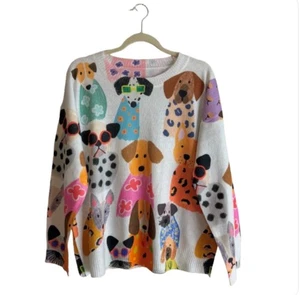 Colorful Dog Print Sweater Women’s XL Abstract Ivory Pullover Lightweight - Picture 1 of 6