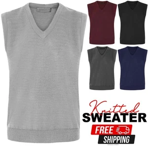 Mens Plain V Neck Sleeveless Sweater Jumper Tank Top Jersey Golf Casual S-5XL - Picture 1 of 11