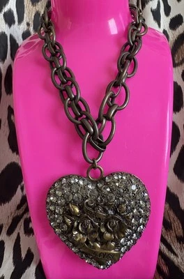 Betsey Johnson Black Label Gray Crystal Tattoo HUGE Heart XOX 4 EVER Necklace - Image 1 of 4