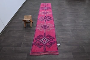 Vintage Türkischer Läufer Teppich 2x11ft Wolle Anatolisch Handarbeit Flur Oushak ROSA - Bild 1 von 9