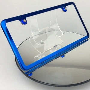 Candy Blue License Plate Slim 2 Holes Frame w/ Aluminum Circle Type Screw Caps - Picture 1 of 9