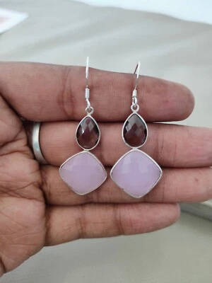 Fumoso Quarzo & Rosa Pendente Orecchino, 925 Argento Sterling, Mano Gioielli - Immagine 1 di 4