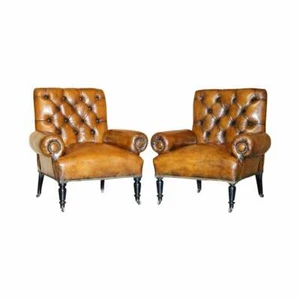 RESTORED PAIR OF ANTIQUE REGENCY BOLSTER ARM BROWN LEATHER LIBRARY ARMCHAIRS - Picture 1 of 12