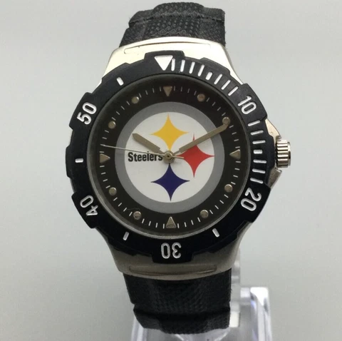 Pittsburgh Steelers NFL Watch Men 38mm Black Silver Tone Black Band New Battery Cover
