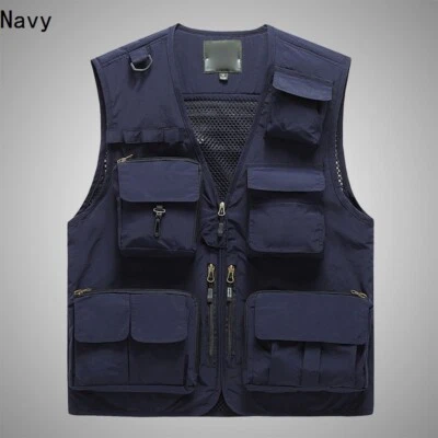 Men Multi Pockets Cargo Waistcoat Mesh Vest Gilet Fishing Hiking Work Outdoor - Image 1 of 4