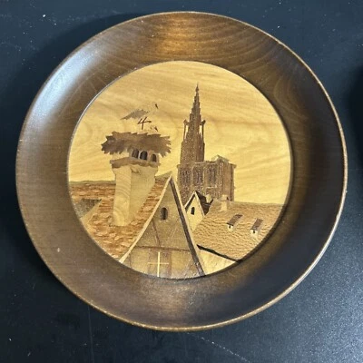 Antique painting medallion in Alsatian inlay Aufderbruck stork Strasbourg - Image 1 of 3