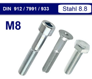 M8 Sechskant Zylinder Senkkopf Schraube Sechskant Stahl verz. - DIN 933 912 7991 - Bild 1 von 4