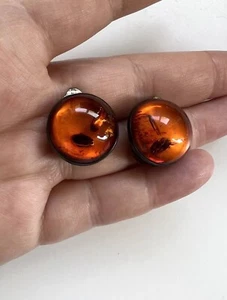 Stunning Vintage Art Deco Sterling Silver Cognac Amber Round Clip On Earrings - Picture 1 of 4