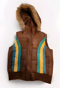 Vintage Delia’s Puffer Vest Brown W/ Stripes Hooded Faux Fur Retro Boho Sz L - Picture 1 of 7