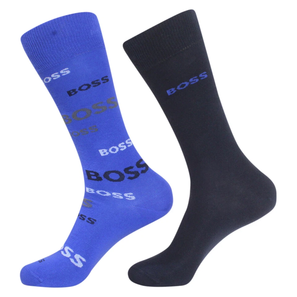 BOSS X4653 Men's Multi Logo Cotton Socks 2-Pair Blue/Dark Harbor 7-13