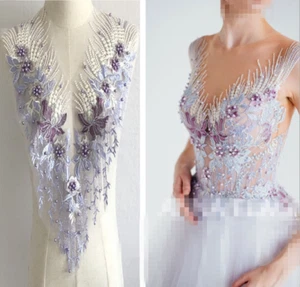 3D Flower Embroidery Lace Applique Bead Rhinestone Tulle DIY Wedding Dress Decor - Picture 1 of 7