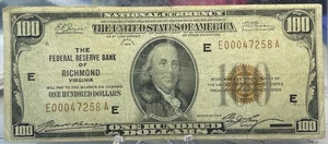 1929 $100 FRBN Richmond VA National Currency - Brown Seal - USSK0057 - Picture 1 of 2