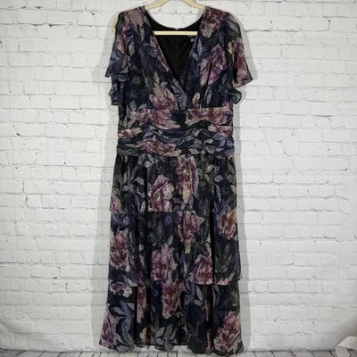 Ignite Evenings Midi Dress Women 16W Tiered Dark Floral Sheer Metallic Crinkle - Image 1 of 4