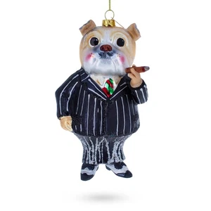 Dapper Bulldog in Suit with Cigar Glass Christmas Ornament - Picture 1 of 5