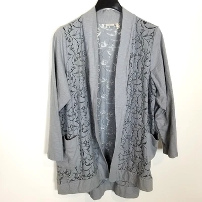 Logo by Lori Goldstein Open Front Slub Cardigan Women Sz 3X Lace Detail Gray - Image 1 of 4