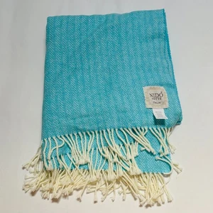 Nido Notte Italia Turquoise 70% Cotton Blend Throw Blanket Made in Italy Fringe - Picture 1 of 6