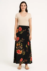 NWT Lulus Whimsy Goth Maxi Skirt M Black Floral Boho Wrap High Waist - Picture 1 of 6