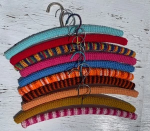 Vintage Lot of 10 Knitted and Crocheted Wooden Yarn Covered Hangers - Picture 1 of 6