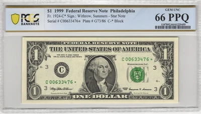Fr.1924-C* 1999 Philadelphia $1 Federal Reserve Star Note PCGS Gem UNC 66 PPQ - Image 1 of 2