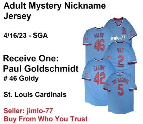 GOLDSCHMIDT ST. LOUIS CARDINALS ADULT MYSTERY NICKNAME JERSEY 4/16/23 SGA SZ XL Cover