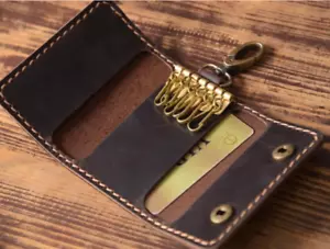 men women card wallet purse key case Ring holder cow Leather pouch bag brown 614 - Picture 1 of 12