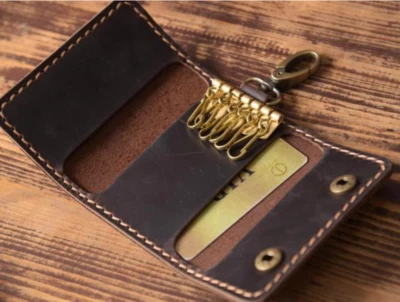 men women card wallet purse key case Ring holder cow Leather pouch bag brown 614 - Image 1 of 4