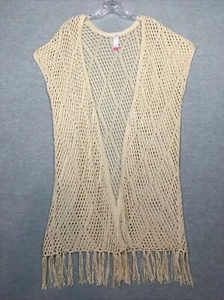 No Boundaries L Boho Crochet Duster Cardigan Dolman Cap Sleeve Open Knit Fringe - Picture 1 of 8