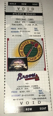 7/29/97 Chicago Cubs Atlanta Braves Chipper Jones Career HR #70 Used Ticket Stub Cover