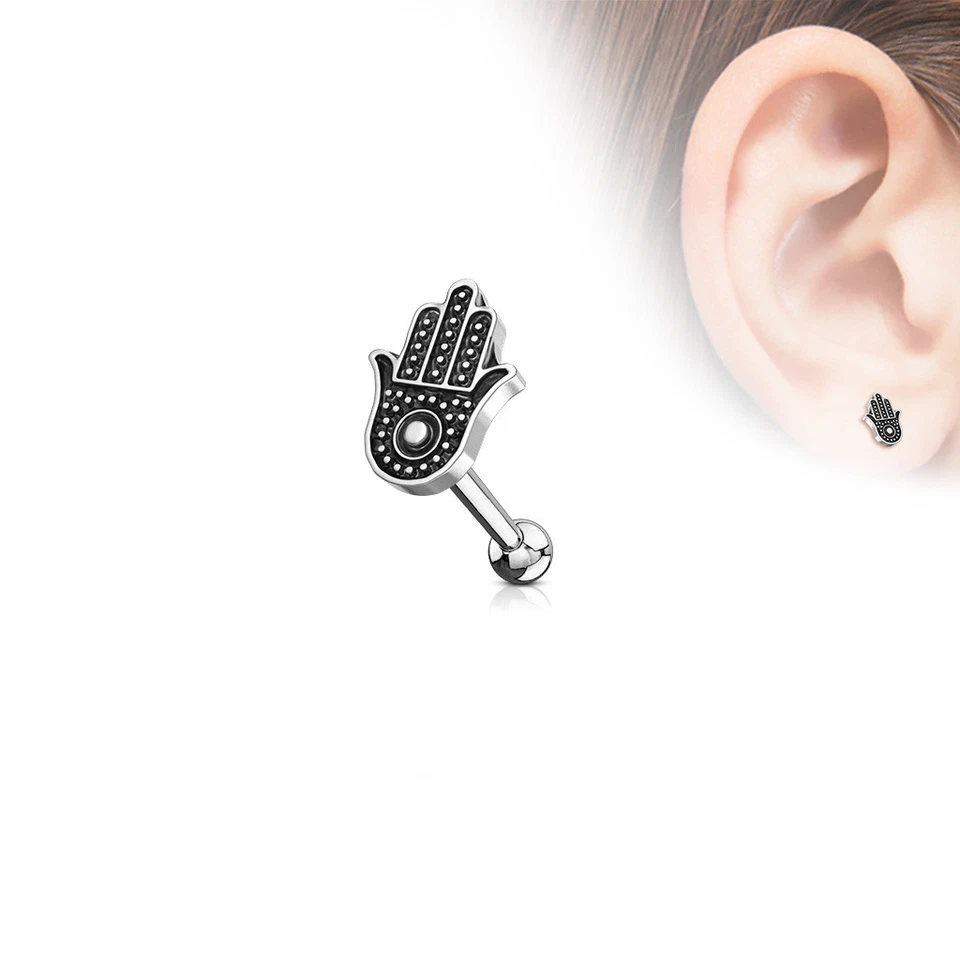 Hamsa Antiguo Plateado Superior Acero Quirúrgico Oreja Cartílago Barra Perno 16G Foto 1 de 1