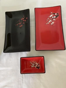 2 Sushi Tray  1 Red  1 Black   And 1  Red  Sauce Dish Cherry Blossom Ceramic Vtg - Picture 1 of 7