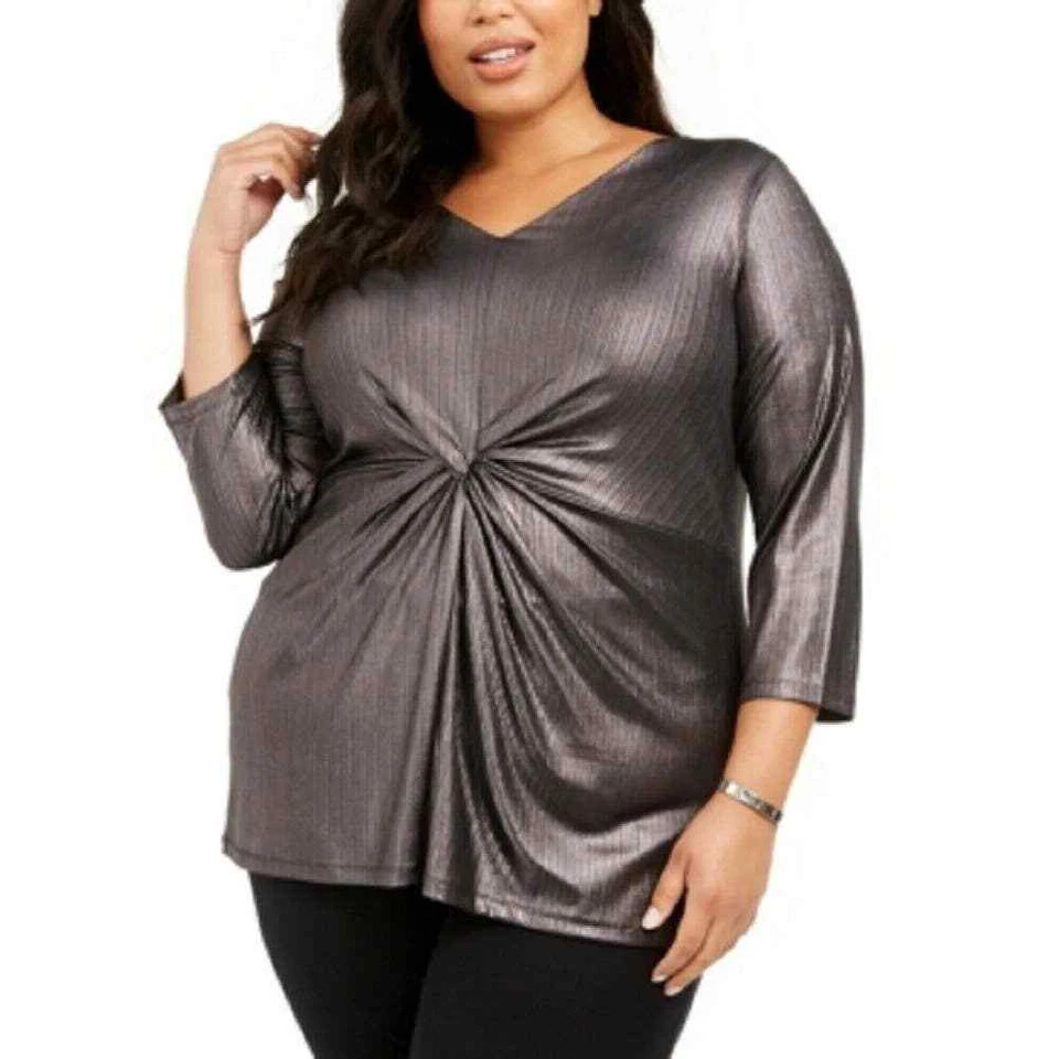 Alfani Womens Metallic 3/4 Sleeve Twist-front Top Blouse Plus Size 2x