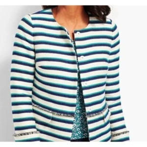 Talbots Stripe Fringe Tweed Jacket Women's Size 14P EUC - Picture 1 of 10