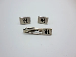 Vinage Hickok Tie Bar Tie Clip and Cufflinks Set Monogram H Silver - Picture 1 of 4