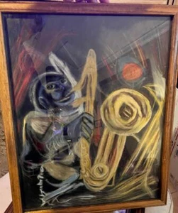 Vintage Funky Jazz Saxophone Music Musician Pastel Drawing Art Portrait Signed - Picture 1 of 10